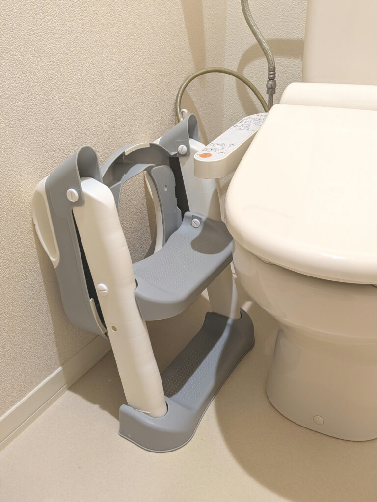 折りたたんで便器と壁のすき間に収納した、はしご付きの補助便座